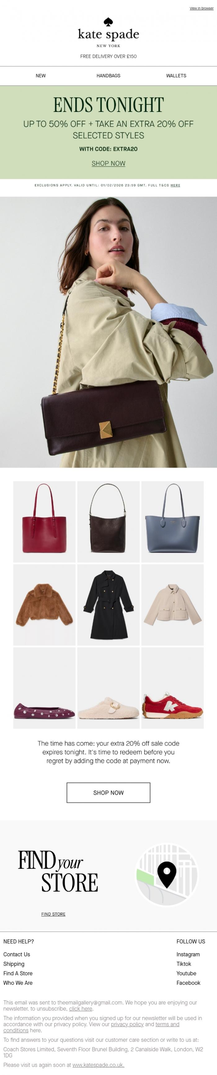 Email Design Inspiration from kate spade new york, Final hours: up to 50% off + EXTRA 20% off