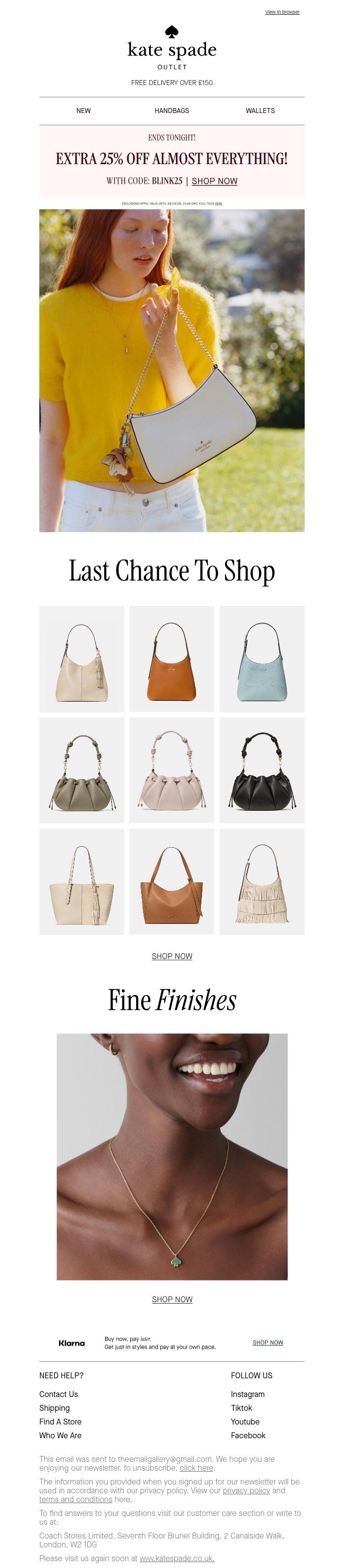 Email Design Inspiration from kate spade new york, Your exclusive 25% off code expires tonight