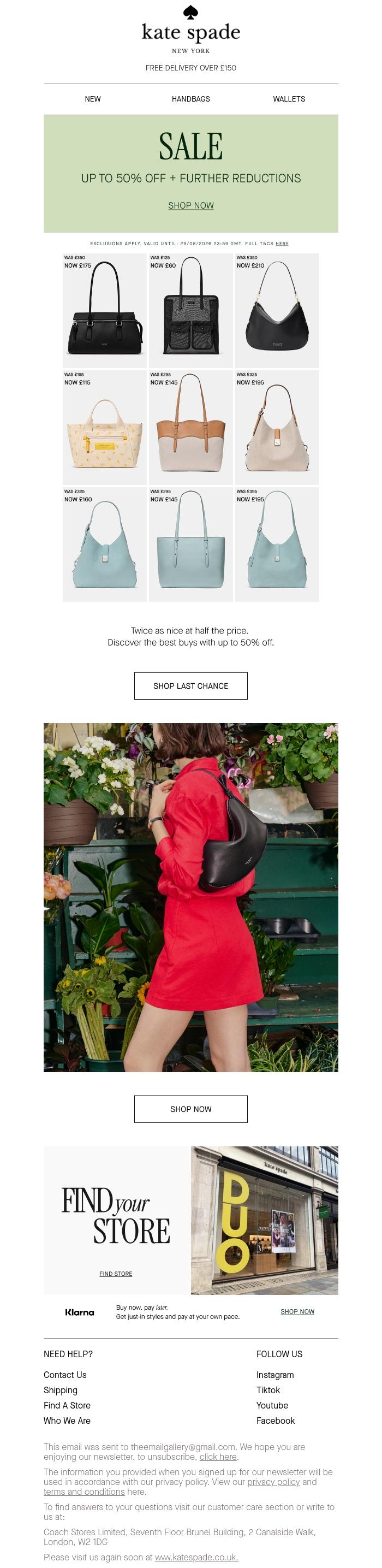 Email Design Inspiration from kate spade new york, Further reductions are here: shop with up to 50% off