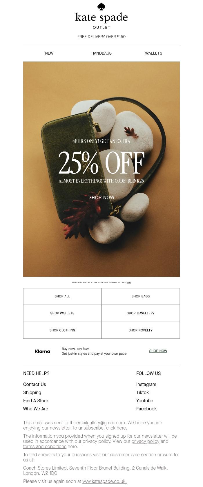 Email Design Inspiration from kate spade outlet, Here's an extra 25% off