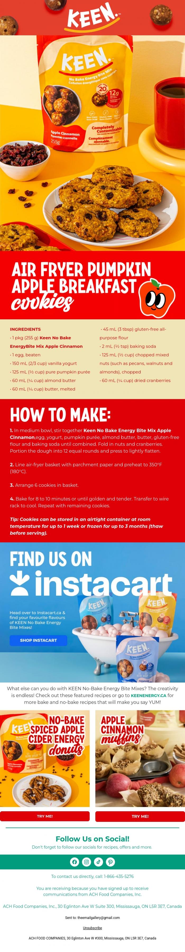 Email Design Inspiration from Keen Energy, Air Fryer Pumpkin Apple Breakfast Cookies 🍪 🎃