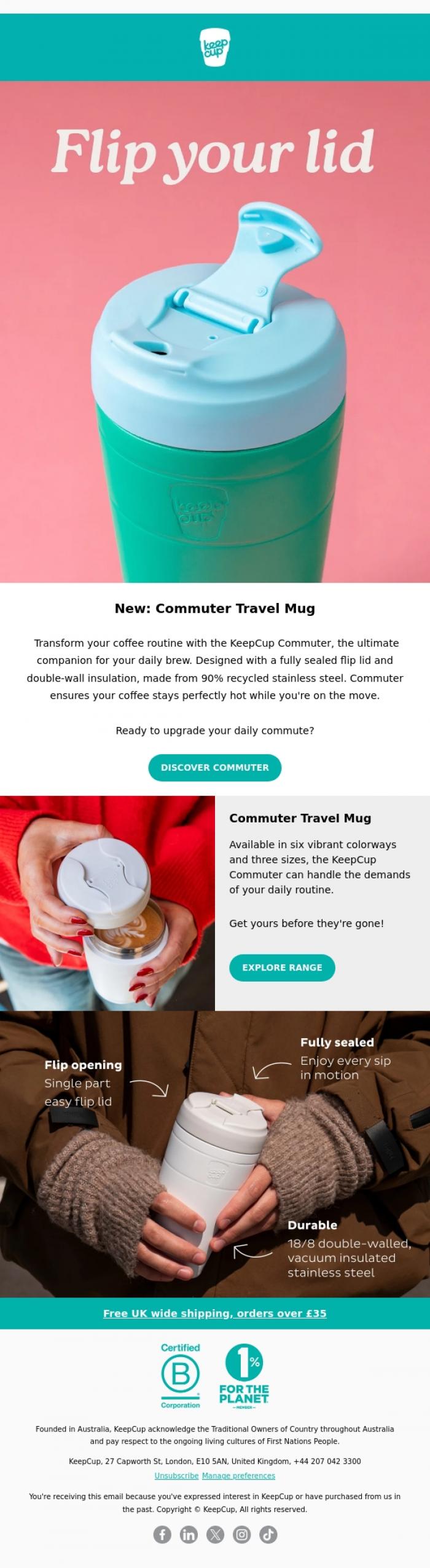 Email Design Inspiration from KeepCup, NEW: Commuter Flip Lid ☕