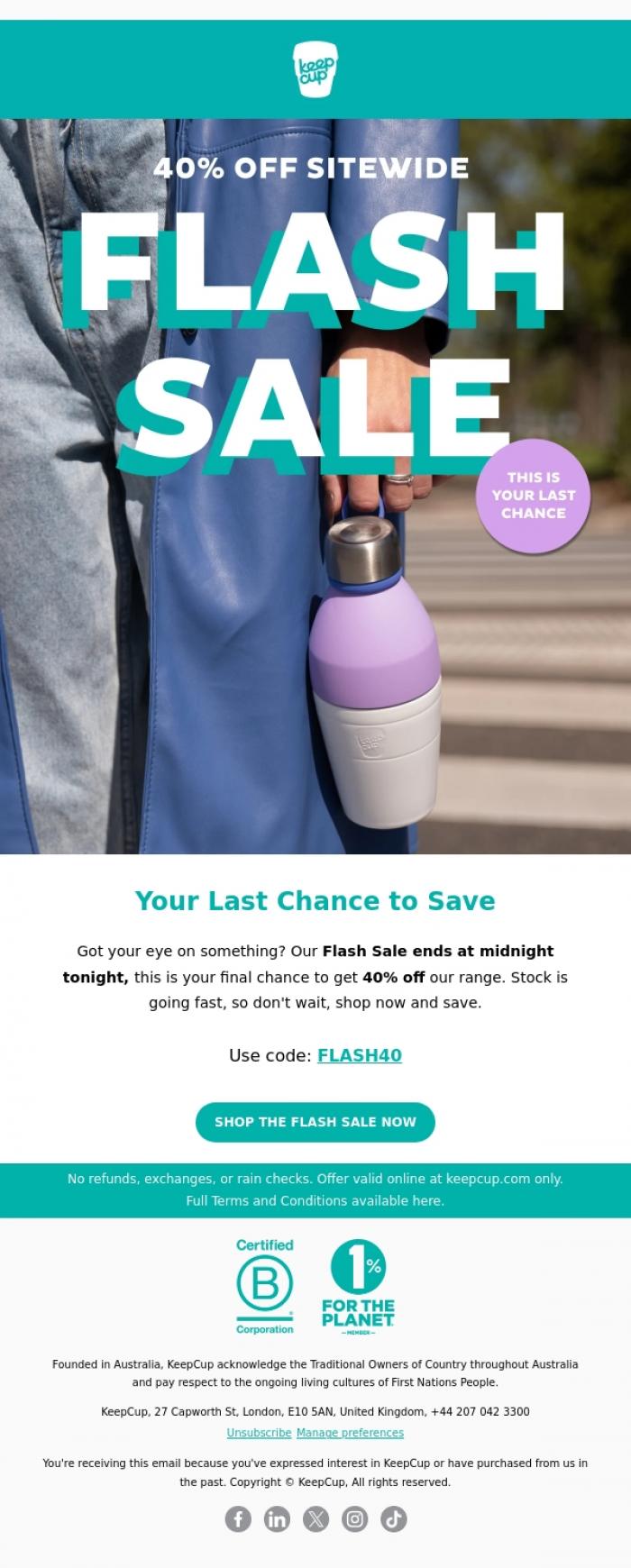 Email Design Inspiration from KeepCup, 12 Hours Left: Flash Sale Ends at Midnight!