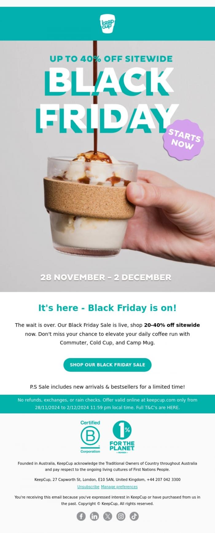 Email Design Inspiration from KeepCup, Up to 40% Off Black Friday Sale is Live