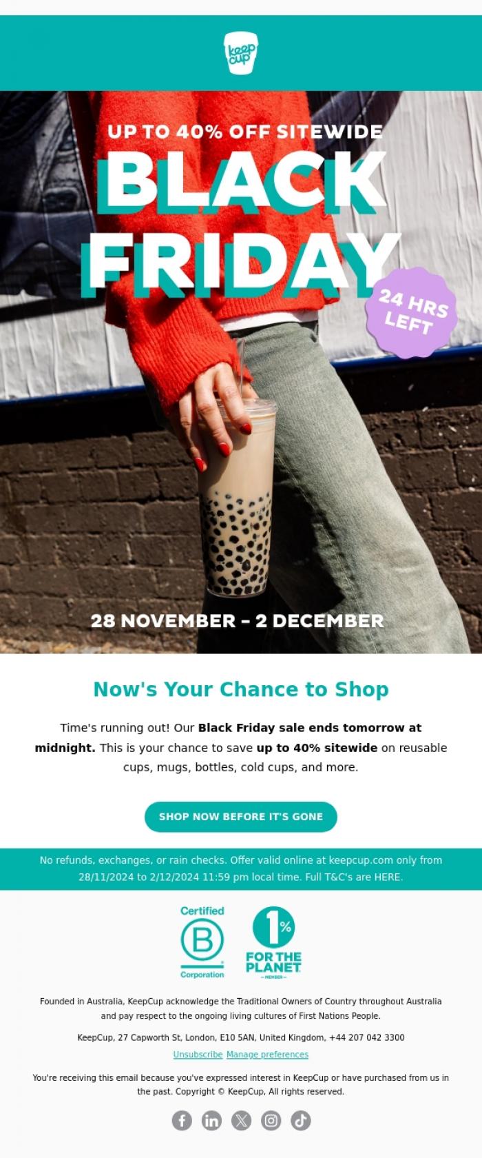Email Design Inspiration from KeepCup, Up to 40% Off - Sale Ends Tomorrow!