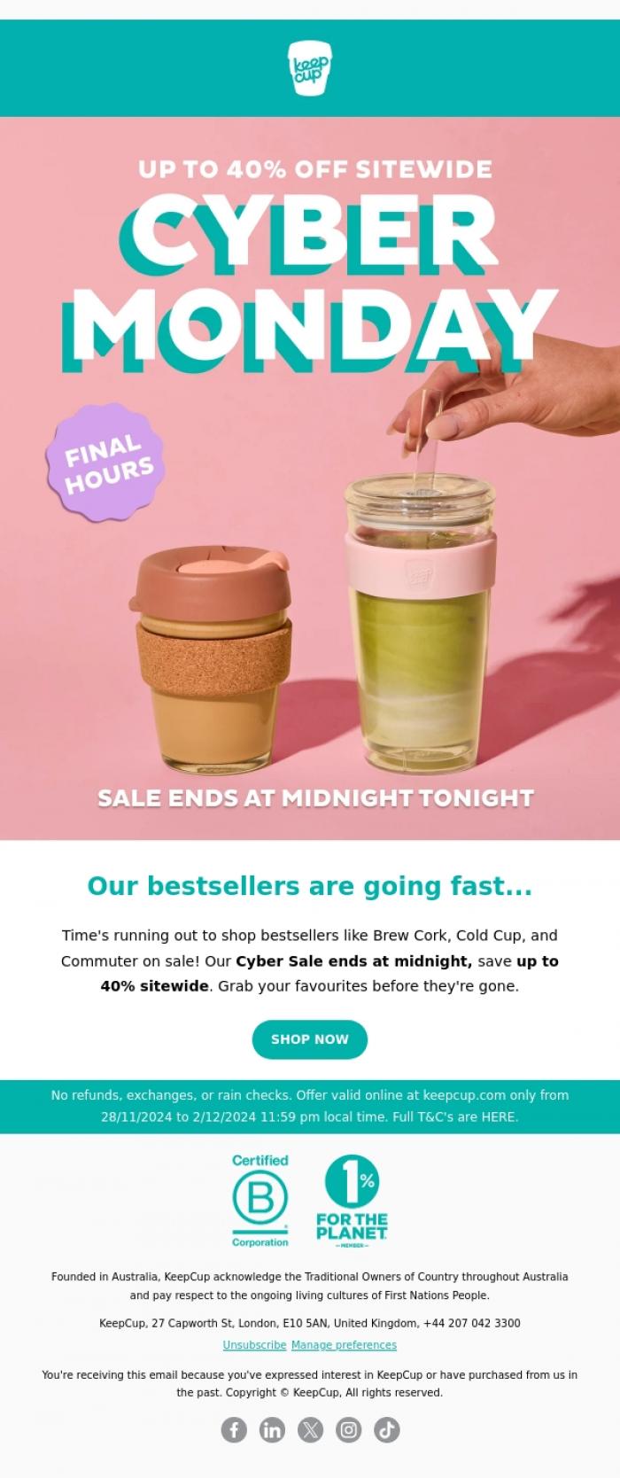Email Design Inspiration from KeepCup, Cyber Monday - Last Hours to Save!