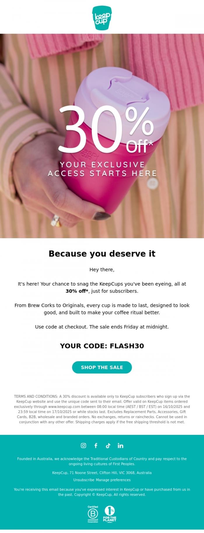 Email Design Inspiration from KeepCup, Exclusive Subscriber Sale: Your 30% discount is here