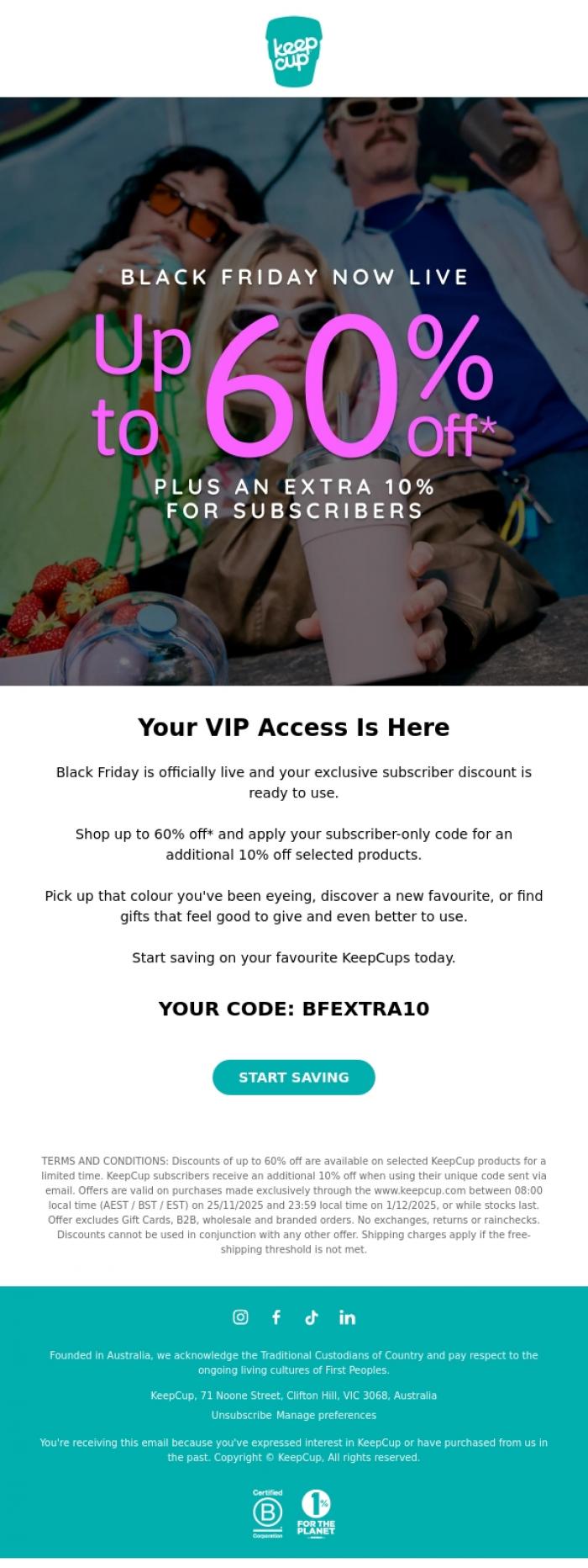 Email Design Inspiration from KeepCup, PSA: Your Black Friday Access Is Live