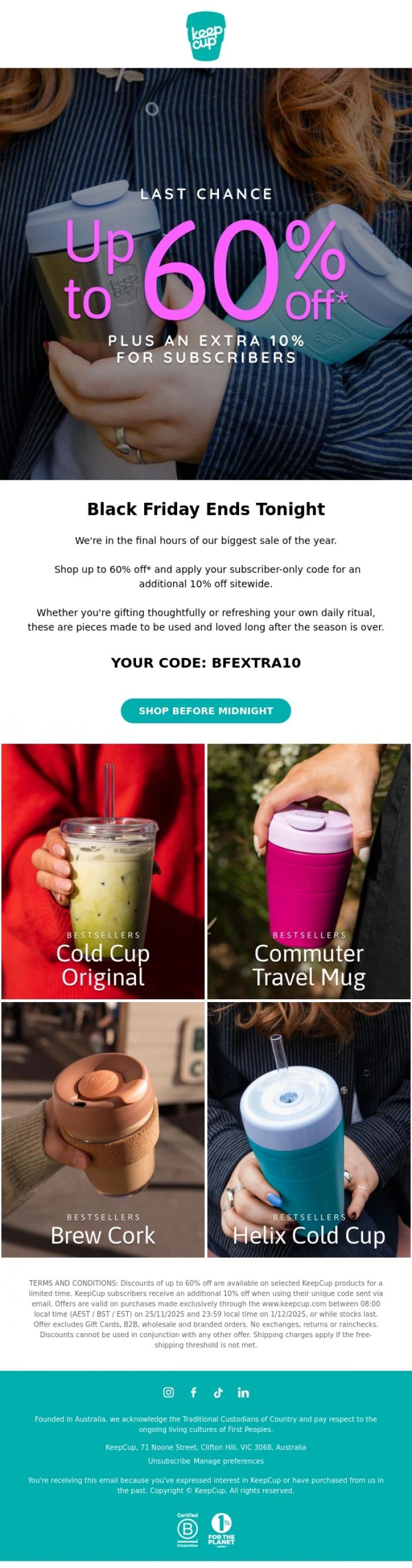 Email Design Inspiration from KeepCup, Last Chance. Up to 60% Off* Ends Tonight.