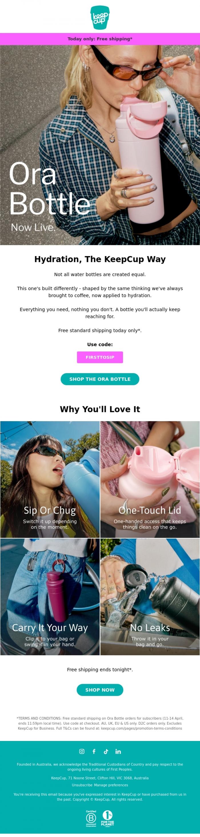 Email Design Inspiration from KeepCup, It's here. Free shipping today only. ⏰