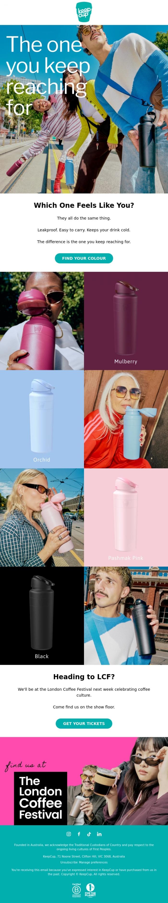 Email Design Inspiration from KeepCup, Colours worth carrying.