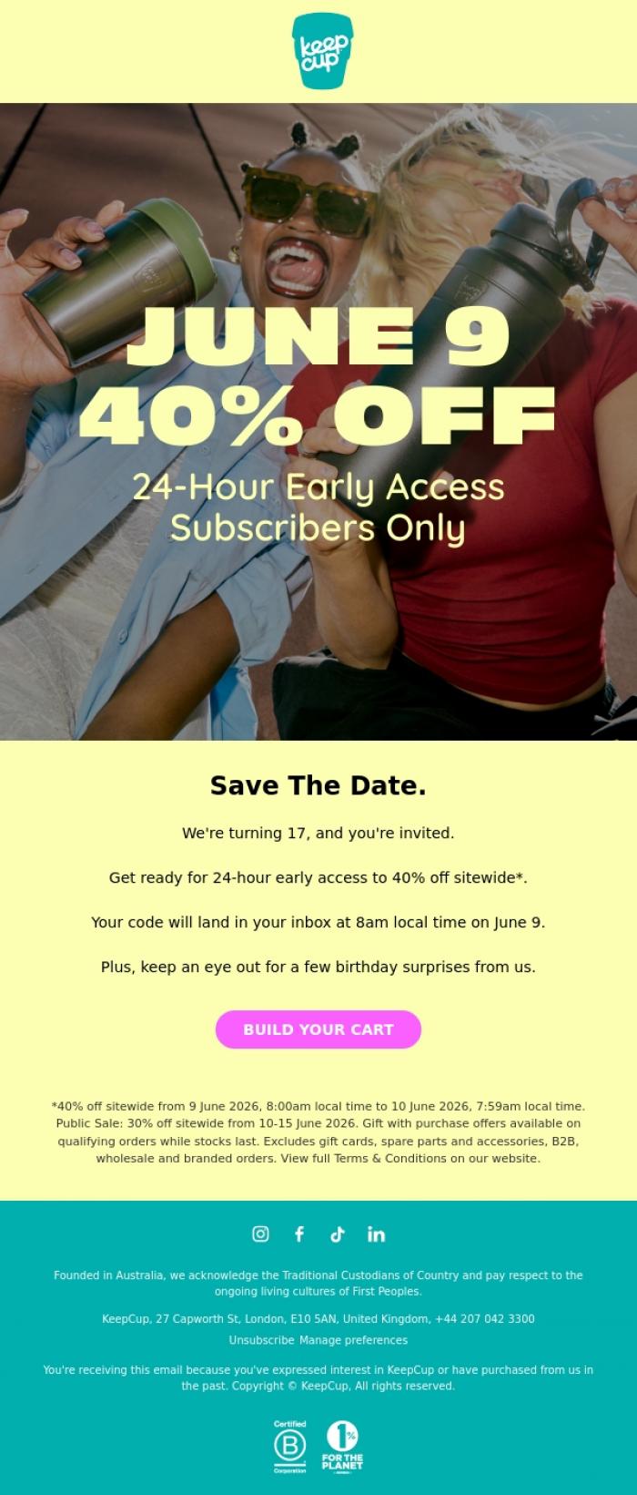Email Design Inspiration from KeepCup, Your 40% off early access starts June 9 🎉