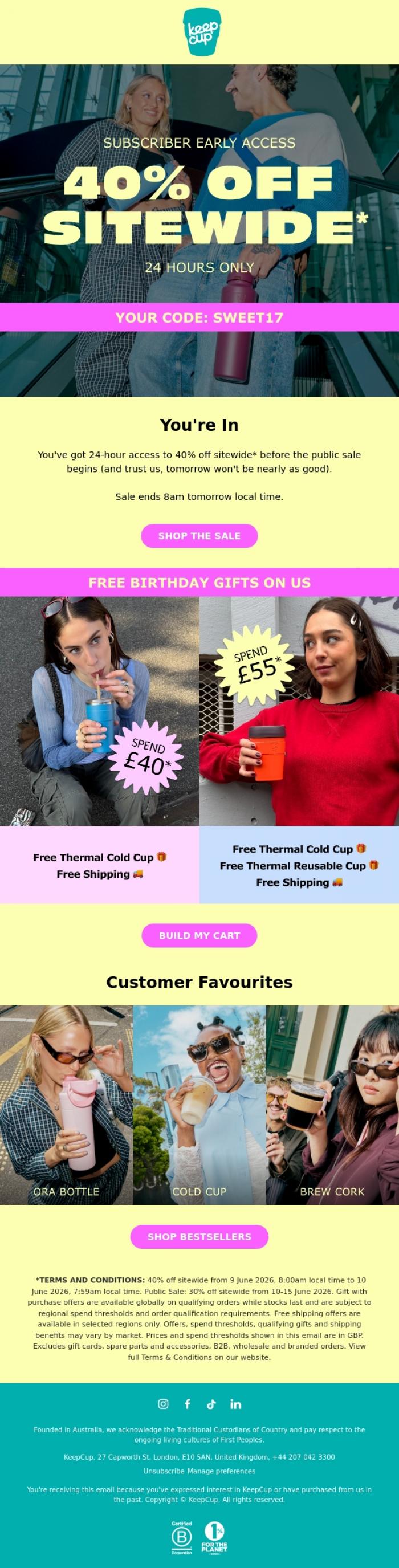Email Design Inspiration from KeepCup, 40% off sitewide* starts now 🎉🍰