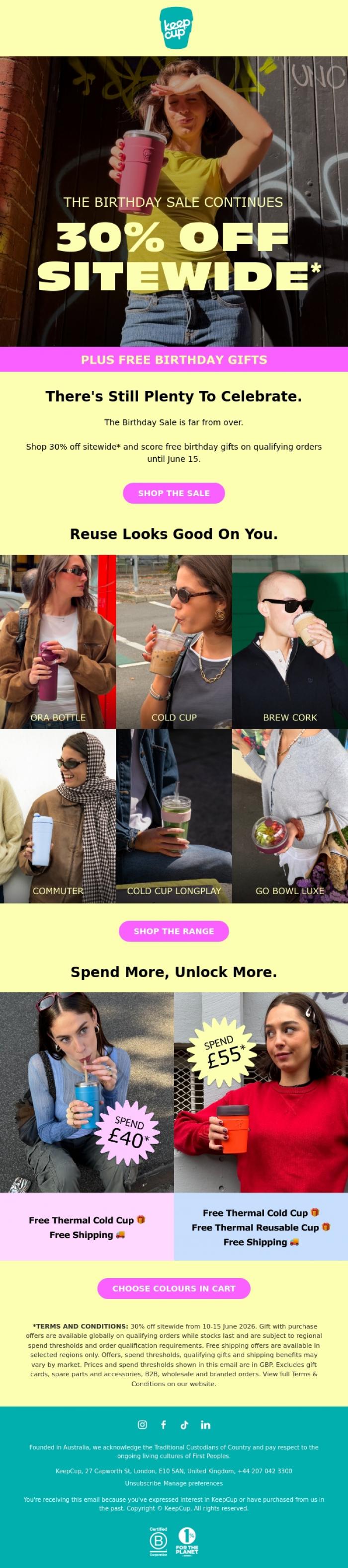 Email Design Inspiration from KeepCup, Missed yesterday? We've got good news 🎉🎂