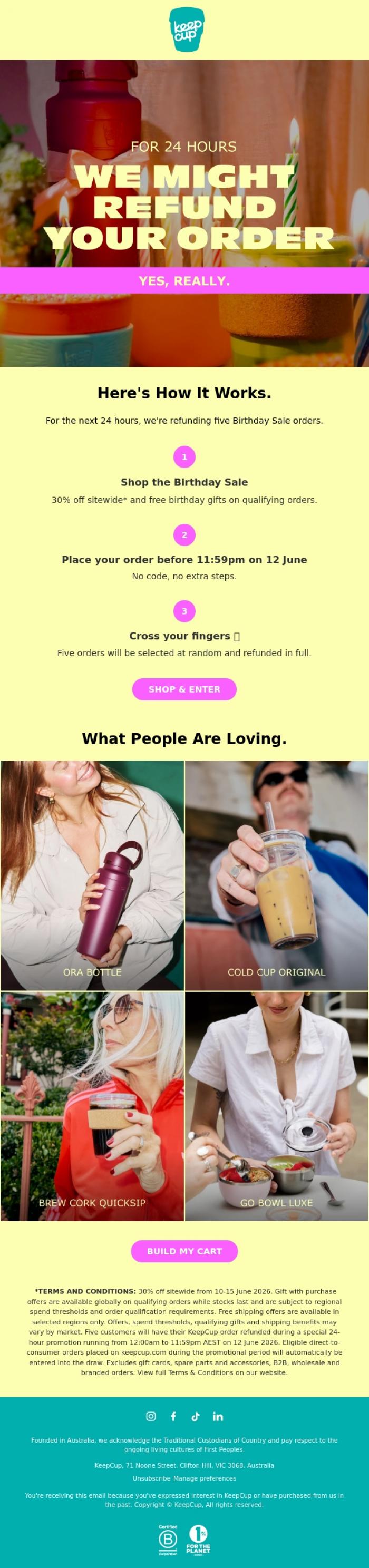 Email Design Inspiration from KeepCup, We might be refunding your order 👀