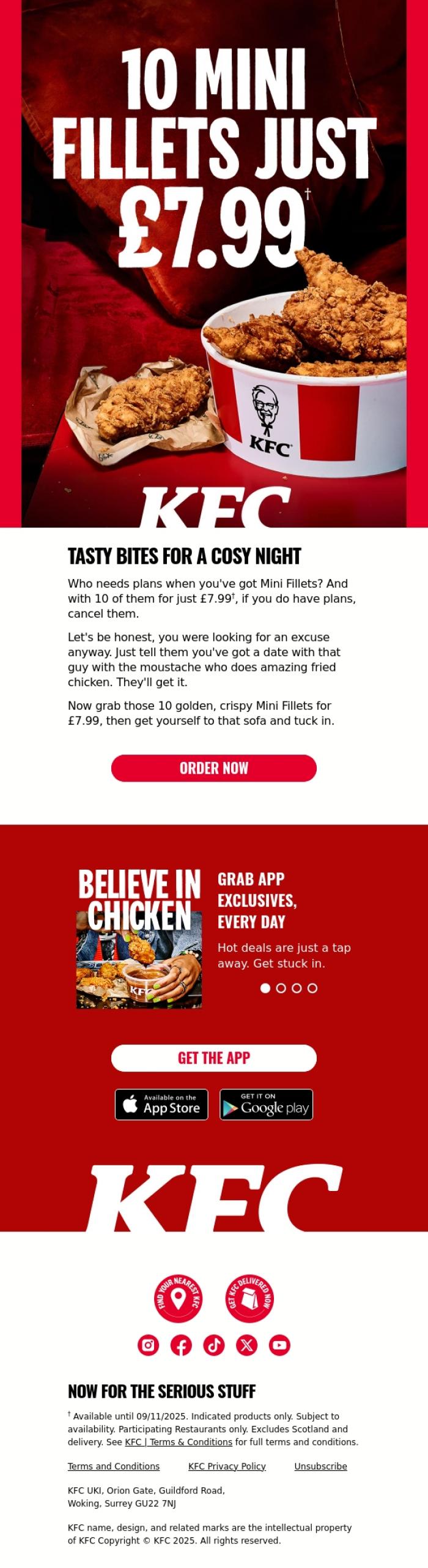 Email Design Inspiration from KFC, 10 Mini Fillets for &pound;7.99? That's dinner goals.