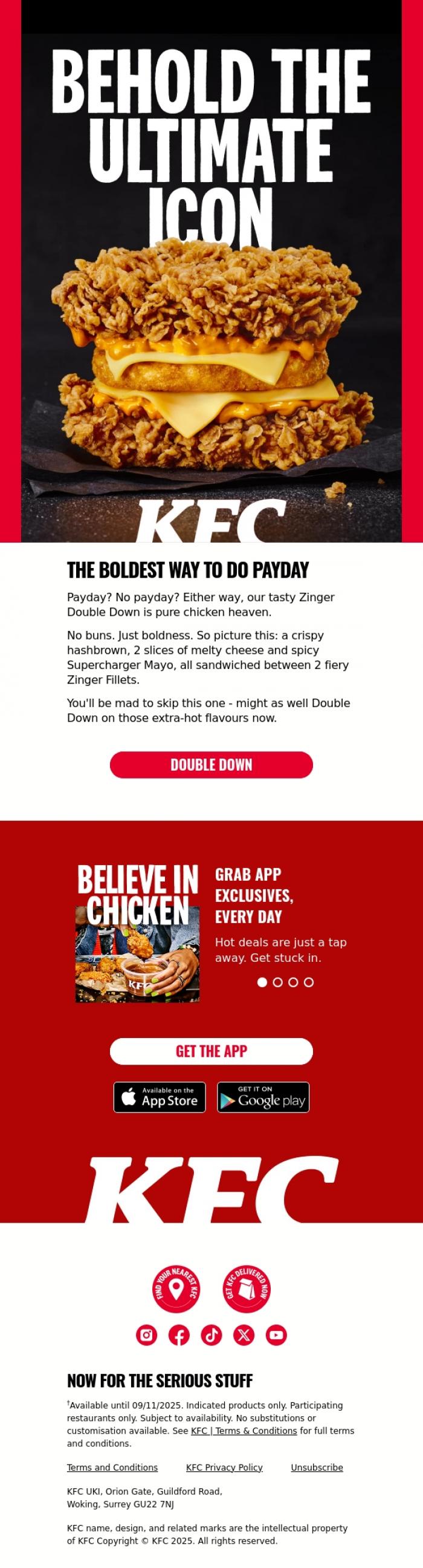 Email Design Inspiration from KFC, One payday. Double the fire. 🔥