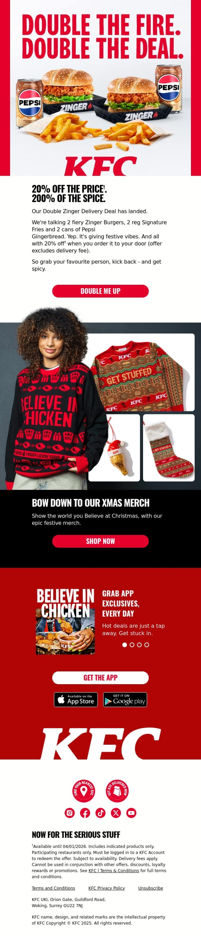 Email Design Inspiration from KFC, Twice the spice. With 20%&nbsp;off. 🔥🔥