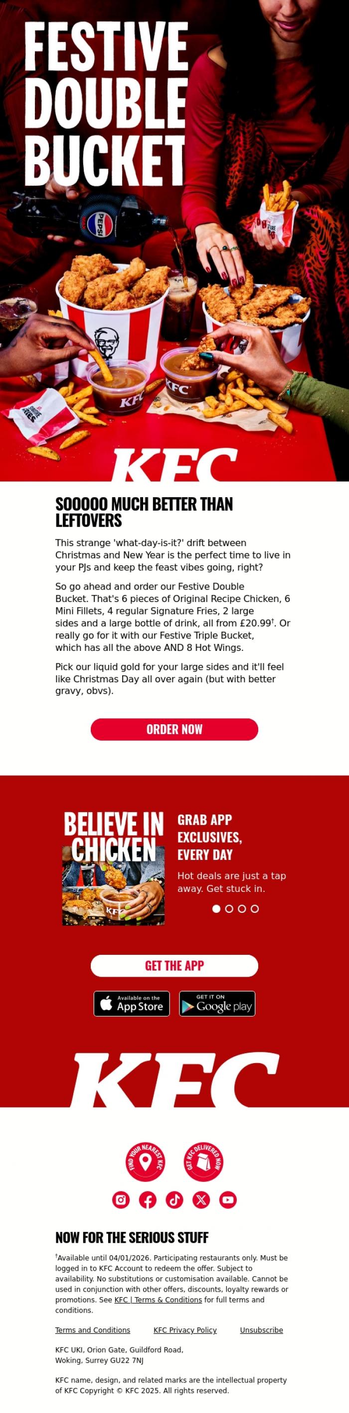 Email Design Inspiration from KFC, Out with turkey. In with our Festive Double Bucket.