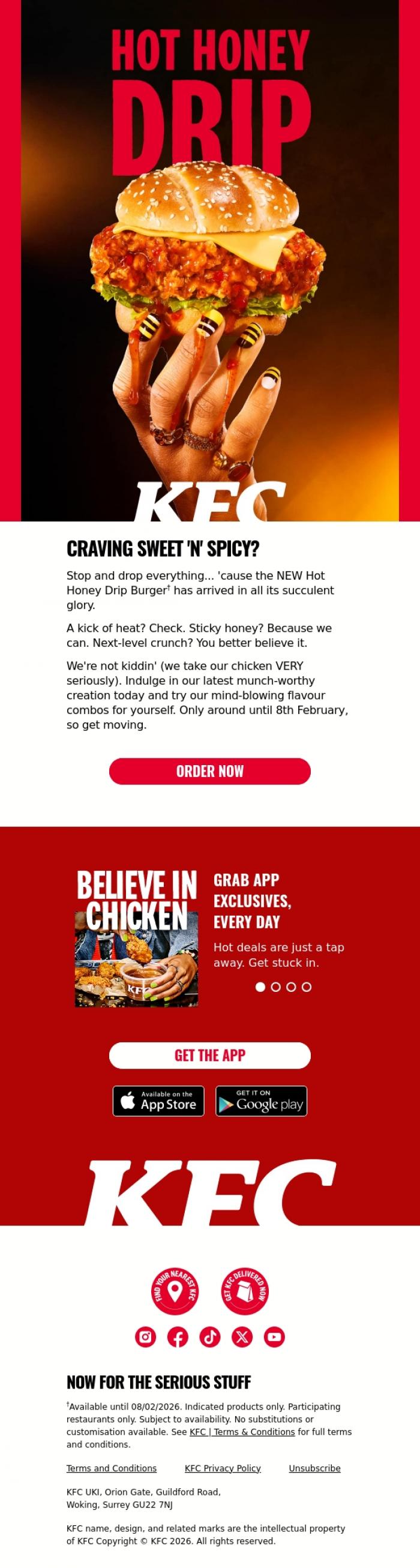 Email Design Inspiration from KFC, You best bee-lieve it: New Hot Honey Drip Burger