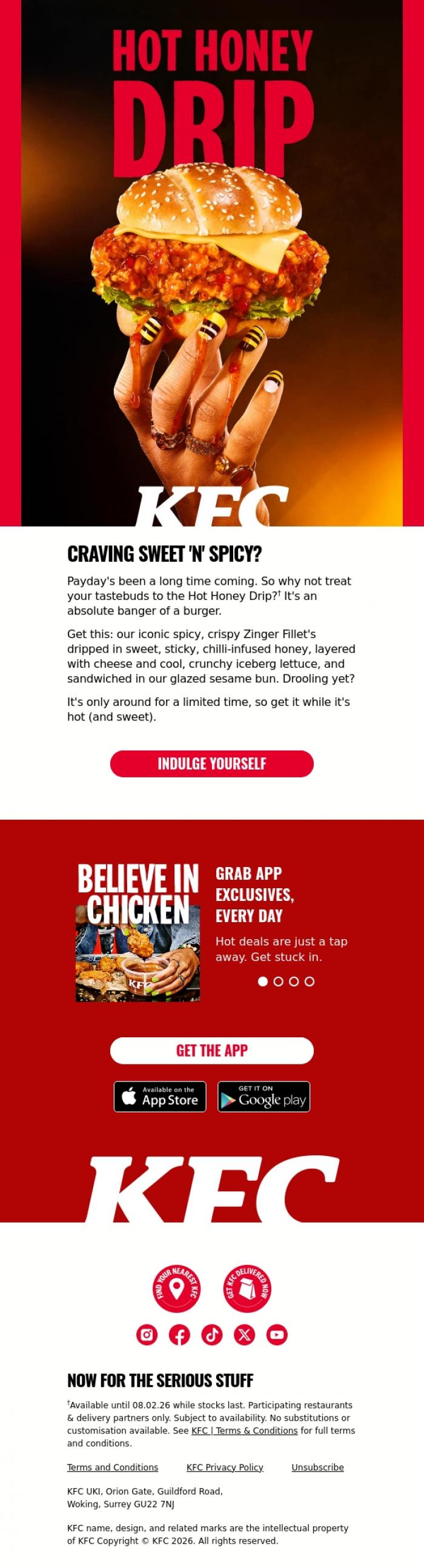Email Design Inspiration from KFC, Give in to the Hot Honey Drip Burger