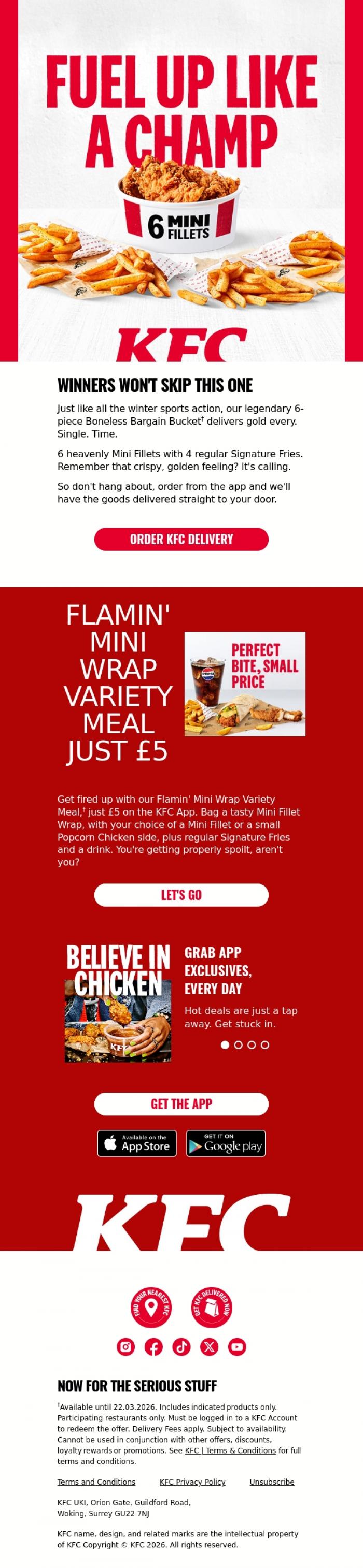 Email Design Inspiration from KFC, Massive sports moments call for massive flavours