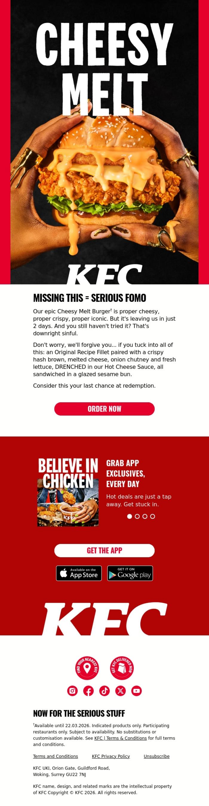 Email Design Inspiration from KFC, 2 days 'til our Cheesy Melt Burger's gone 👀