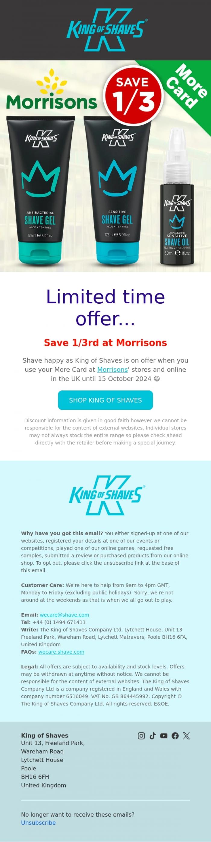 Email Design Inspiration from King of Shaves, Save 1/3rd at Morrisons with your More Card 🇬🇧