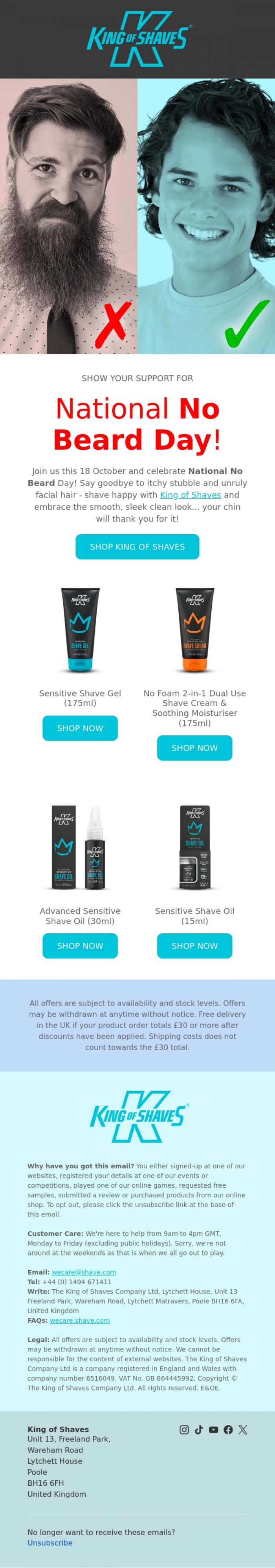 Email Design Inspiration from King of Shaves, King of Shaves urges you to support National No Beard Day 🪒