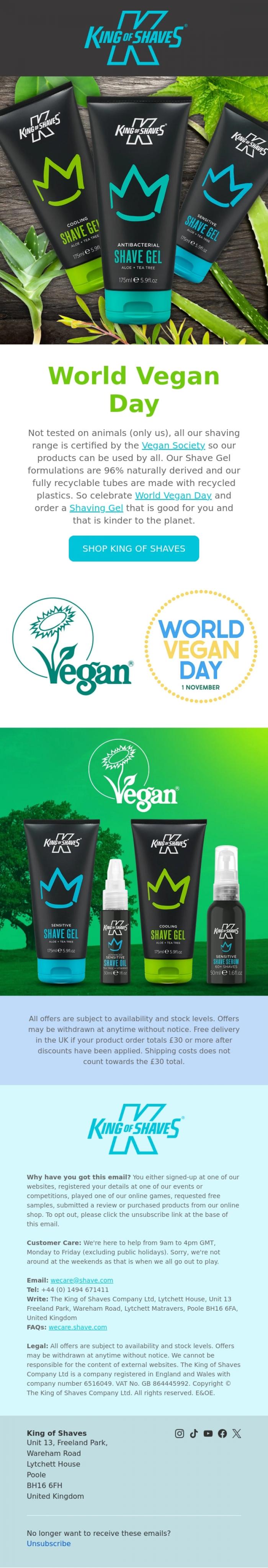Email Design Inspiration from King of Shaves, King of Shaves are marking World Vegan Day