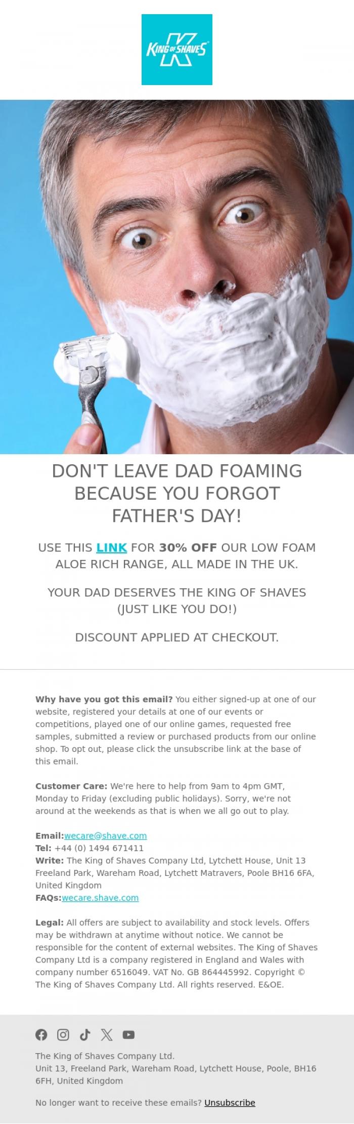 Email Design Inspiration from King of Shaves, Don't forget Dad (and leave him foaming)