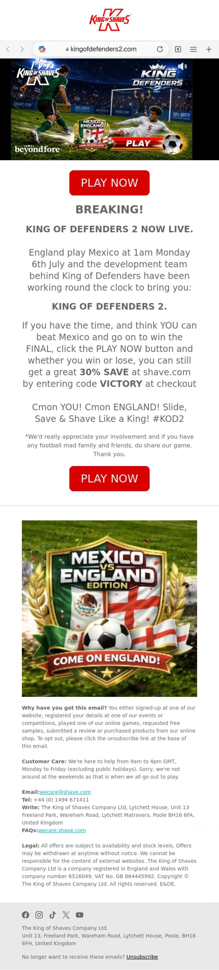 Email Design Inspiration from King of Shaves, Use your skills, slide tackle and save the day! King of Defenders 2 now LIVE "Mexico Edition"