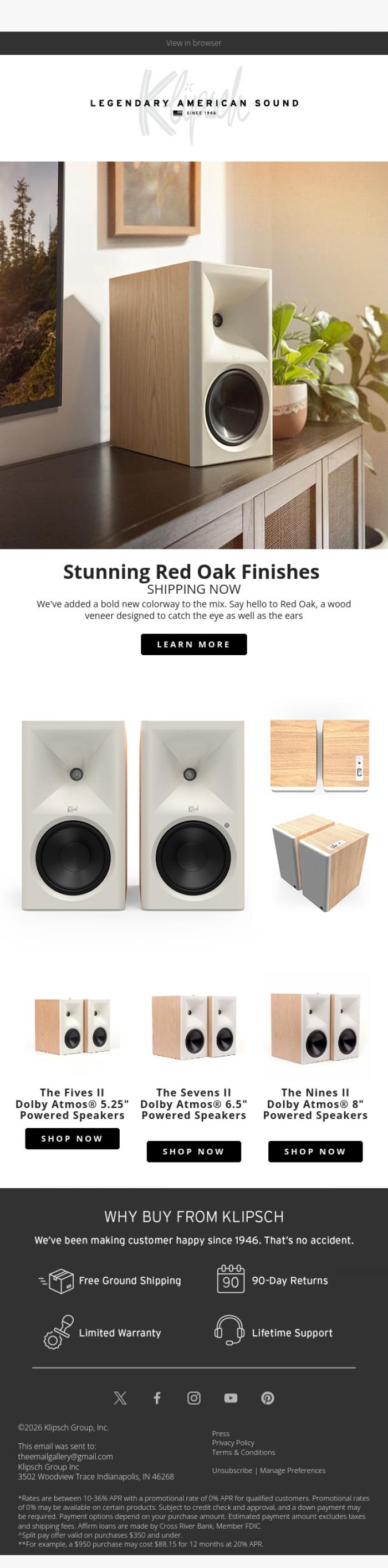 Email Design Inspiration from Klipsch Audio, Shipping Now: Red Oak Powered Speakers
