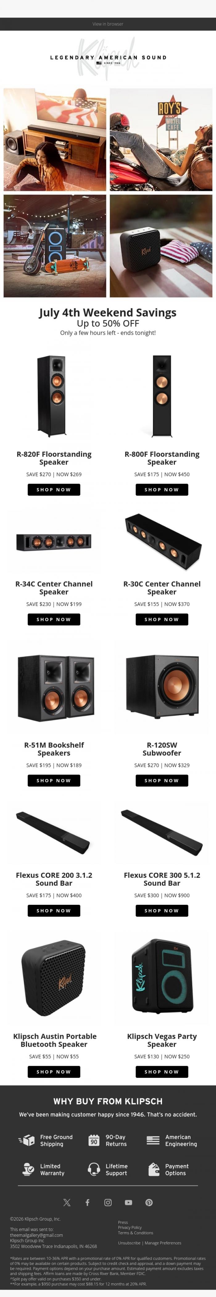 Email Design Inspiration from Klipsch Audio, July 4th Savings Ends Tonight