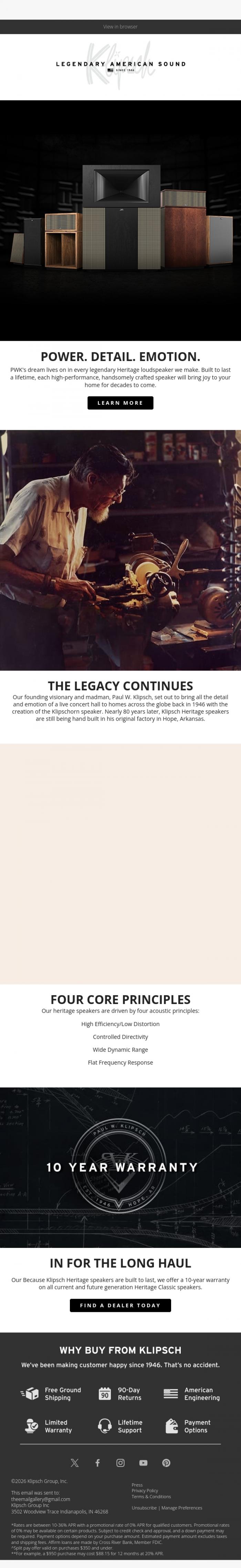 Email Design Inspiration from Klipsch Audio, Heritage Premium Audio - 80 Years Later