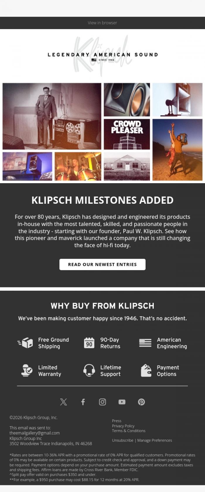 Email Design Inspiration from Klipsch Audio, 1959: Cornwall Effortless Efficiency