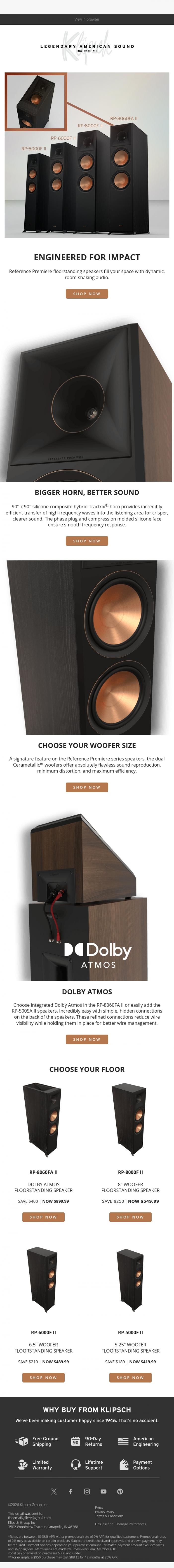 Email Design Inspiration from Klipsch Audio, Floorstanding Legends: Our Reference Premiere Series