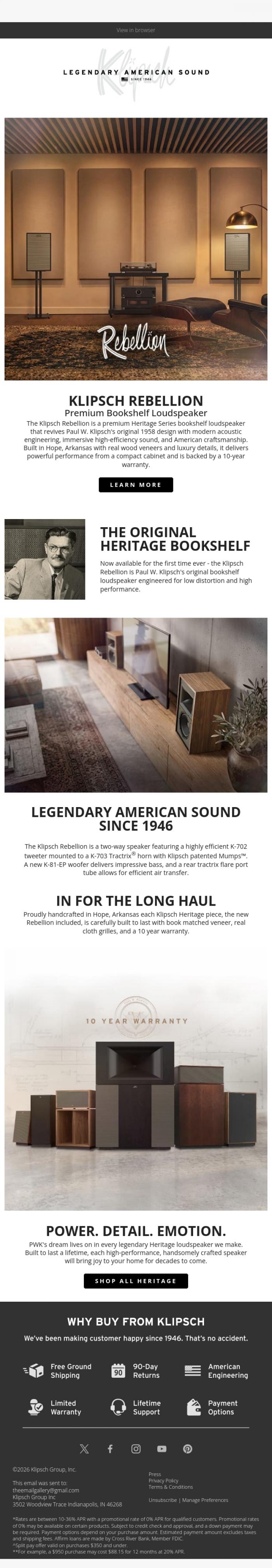 Email Design Inspiration from Klipsch Audio, Introducing Our First Heritage Bookshelf Loudspeaker - The Rebellion