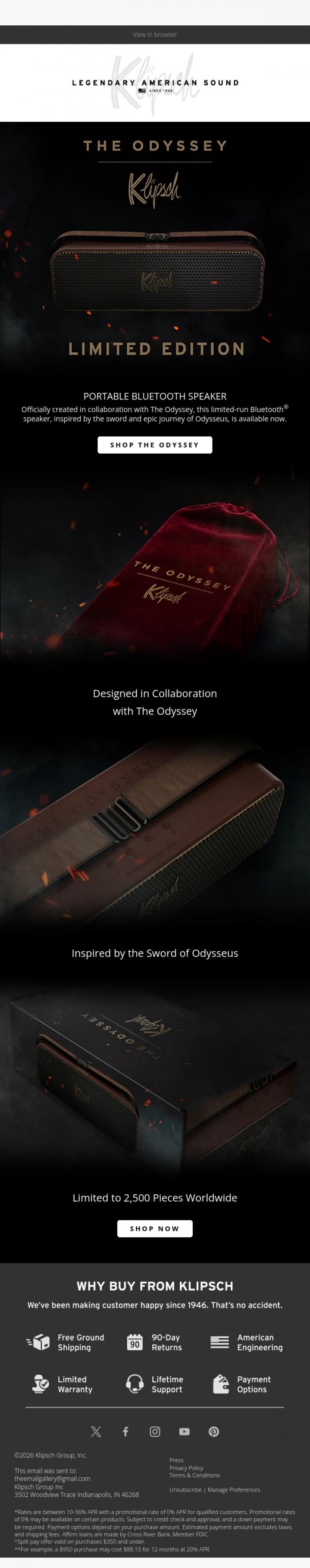 Email Design Inspiration from Klipsch Audio, Available now: Klipsch x The Odyssey Limited Edition