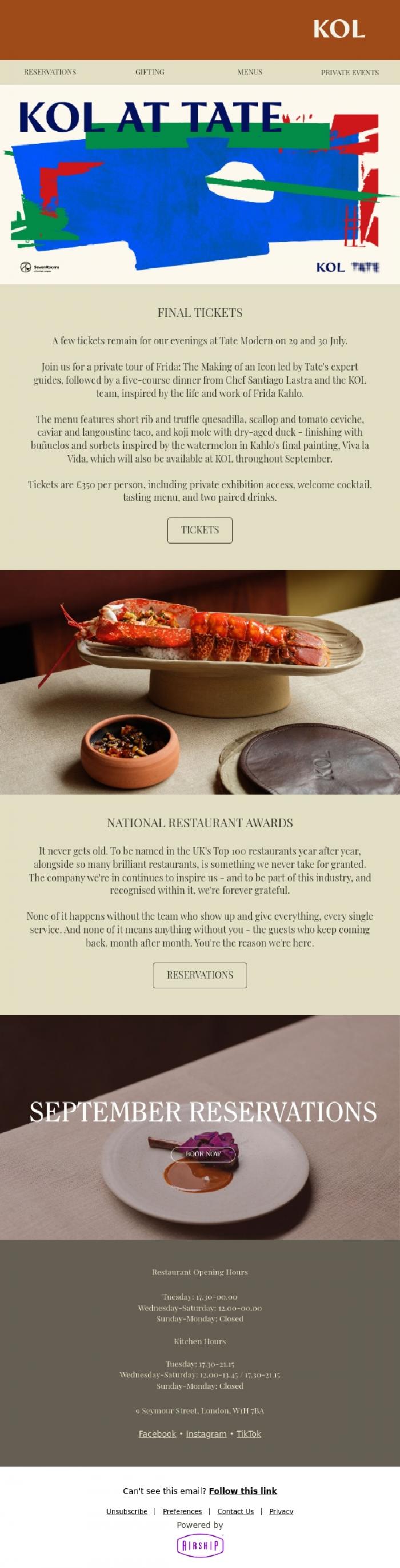 Email Design Inspiration from KOL Restaurant, Final tickets for KOL at Tate