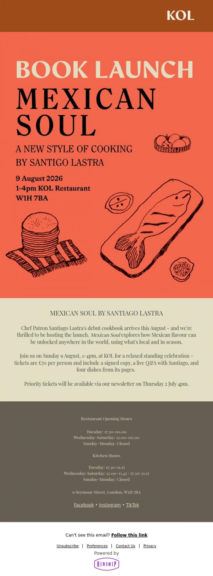 Email Design Inspiration from KOL Restaurant, Join us for the Mexican Soul book launch at KOL