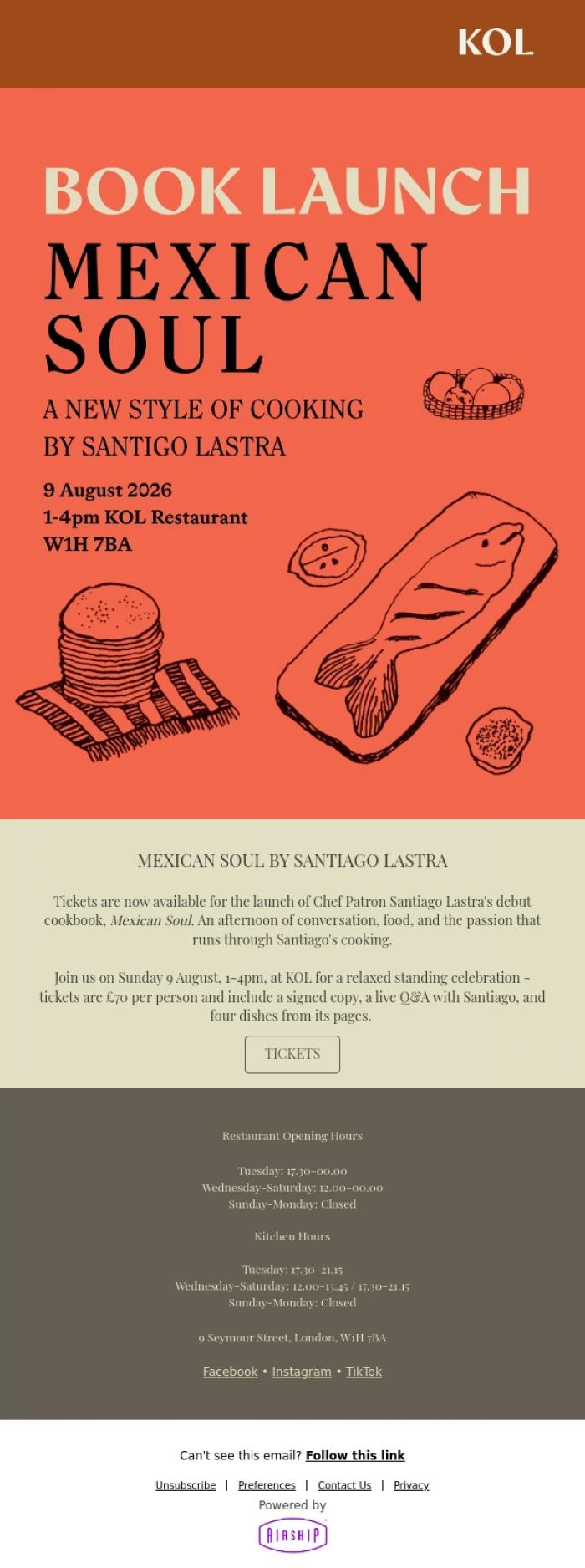Email Design Inspiration from KOL Restaurant, Book Launch: Mexican Soul by Santiago Lastra