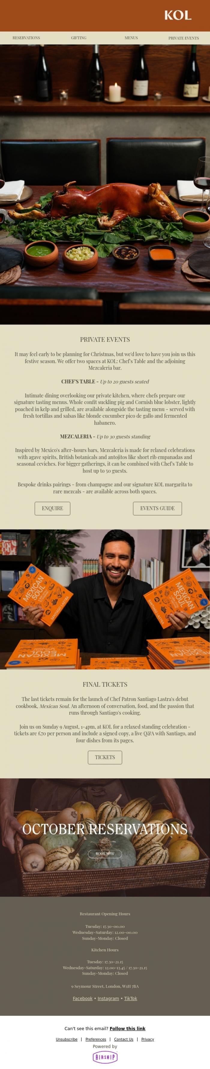 Email Design Inspiration from KOL Restaurant, Final tickets for Santiago Lastra's book launch