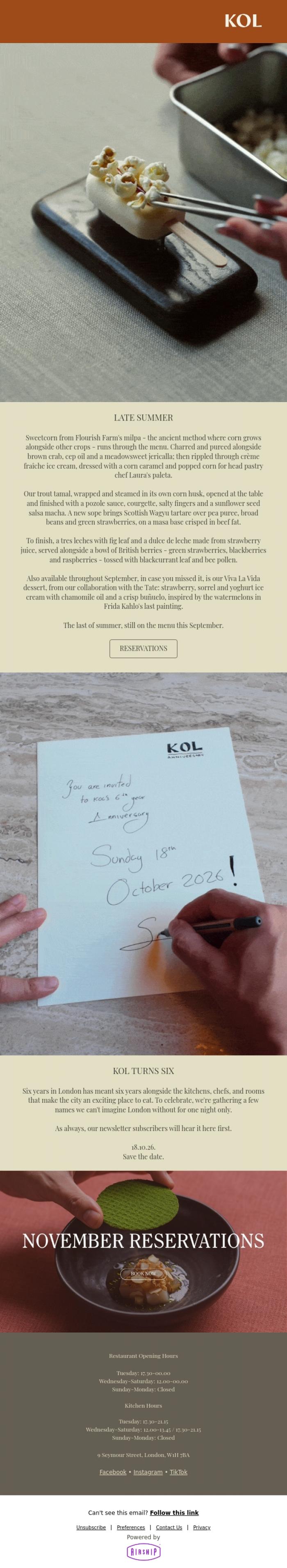Email Design Inspiration from KOL Restaurant, Late summer reflections