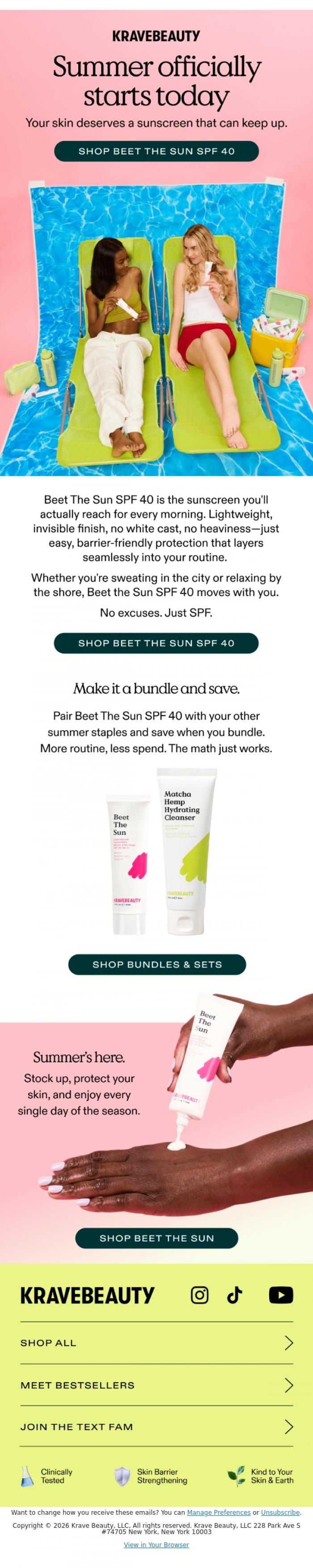 Email Design Inspiration from KraveBeauty, It's the first day of summer. Don't forget your SPF 🌊