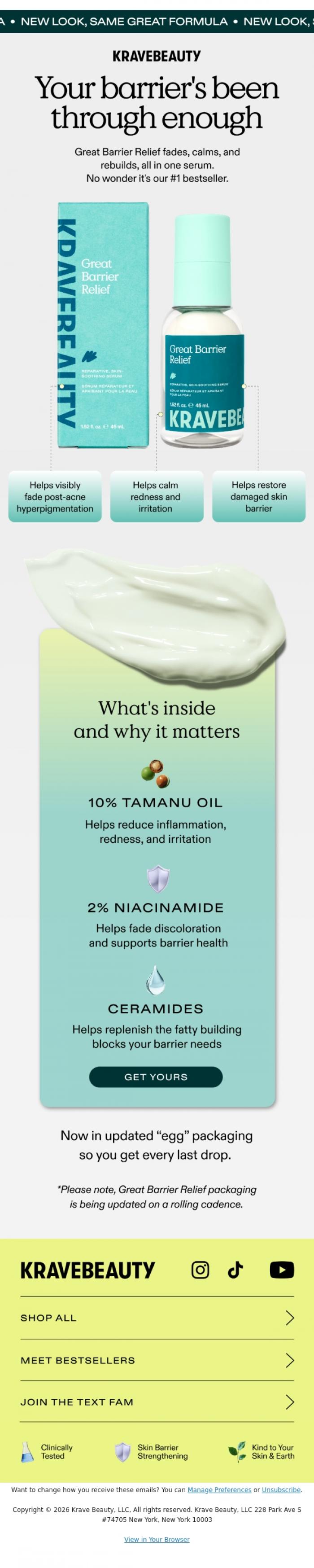 Email Design Inspiration from KraveBeauty, Your skin barrier called. It wants this.