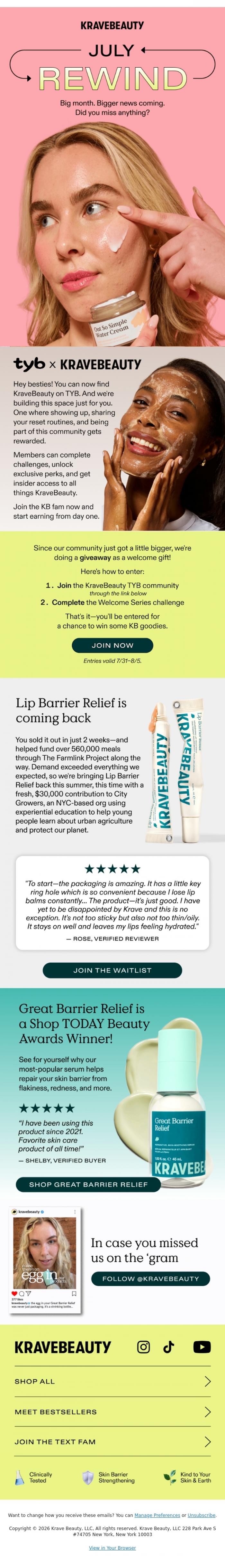 Email Design Inspiration from KraveBeauty, We're on TYB! Here's what else you missed in July