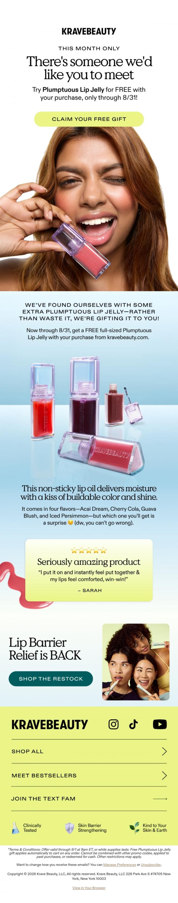 Email Design Inspiration from KraveBeauty, FREE Plumptuous Lip Jelly? Say less. 💋
