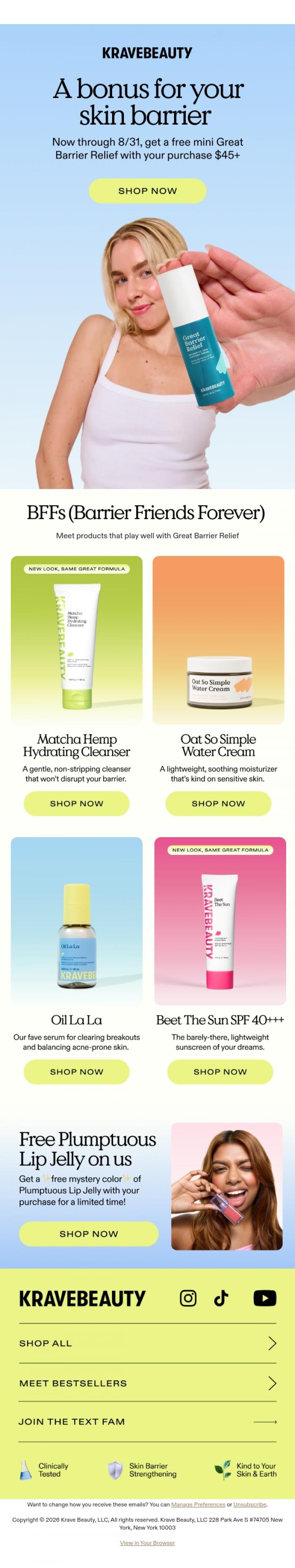 Email Design Inspiration from KraveBeauty, Try Great Barrier Relief for FREE with your purchase of $45+