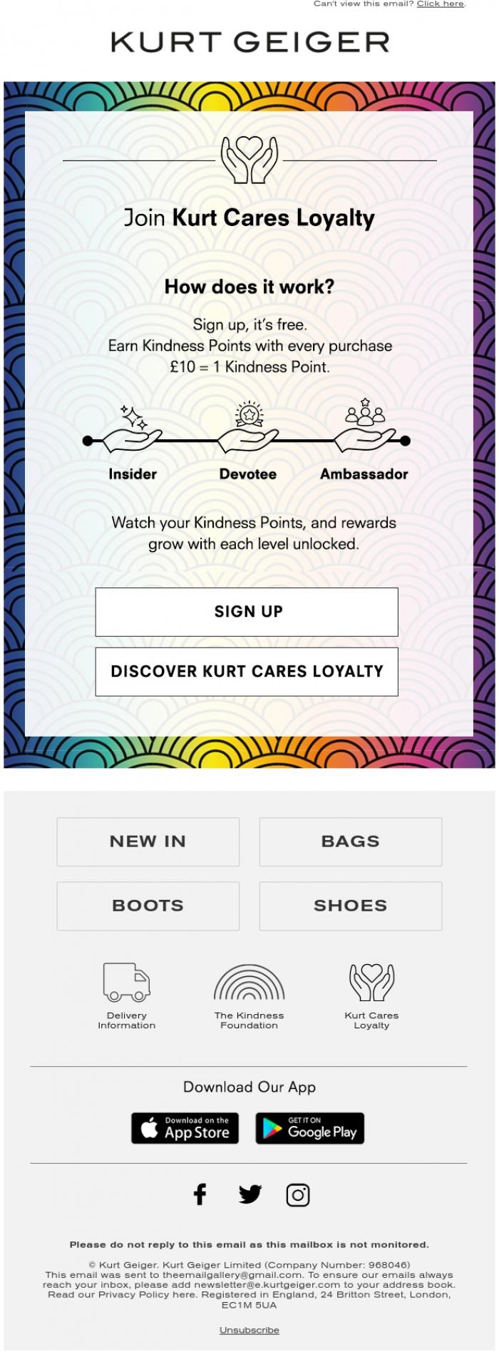 Email Design Inspiration from Kurt Geiger, Join Kurt Cares Loyalty